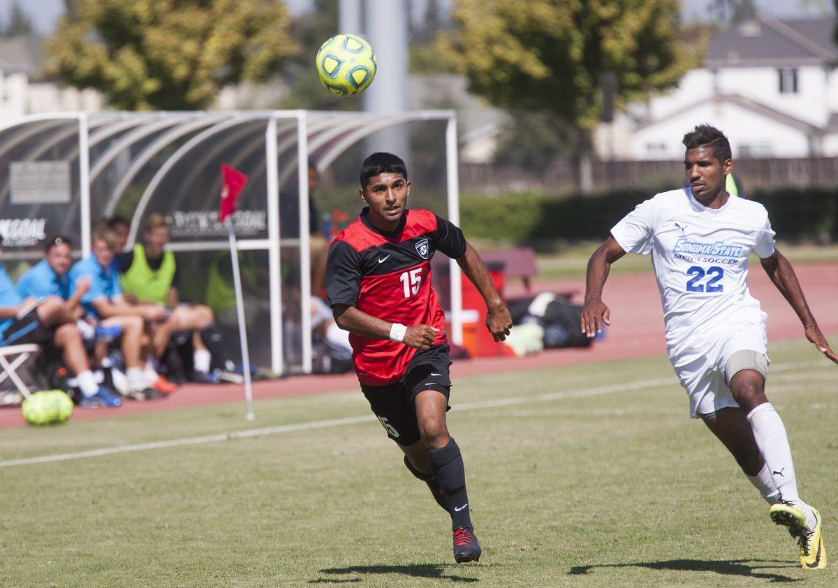 Luis Hernandez (Sophomore, criminal justice) chasing down a loose ball vs. Sonoma State