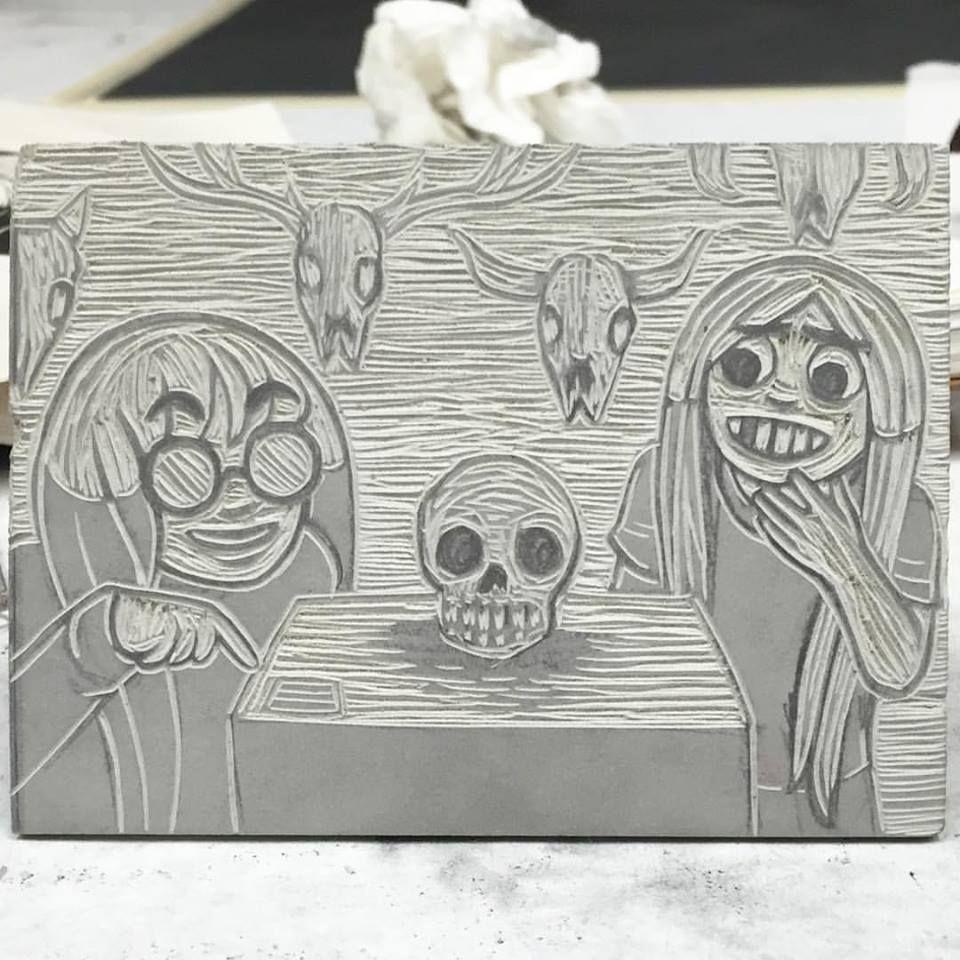 Linocut block that has been carved