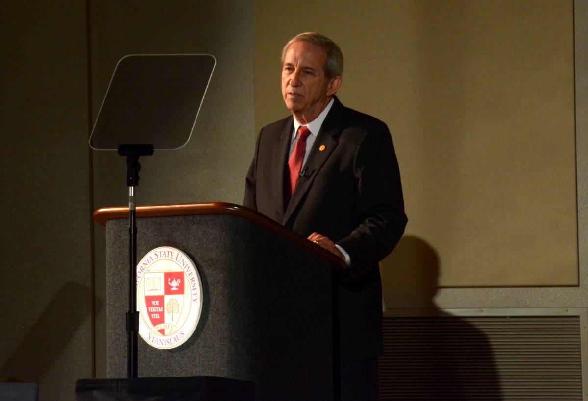 California State University, Stanislaus President, Joseph Sheley, gives an address early in the Fall 2015 semester.