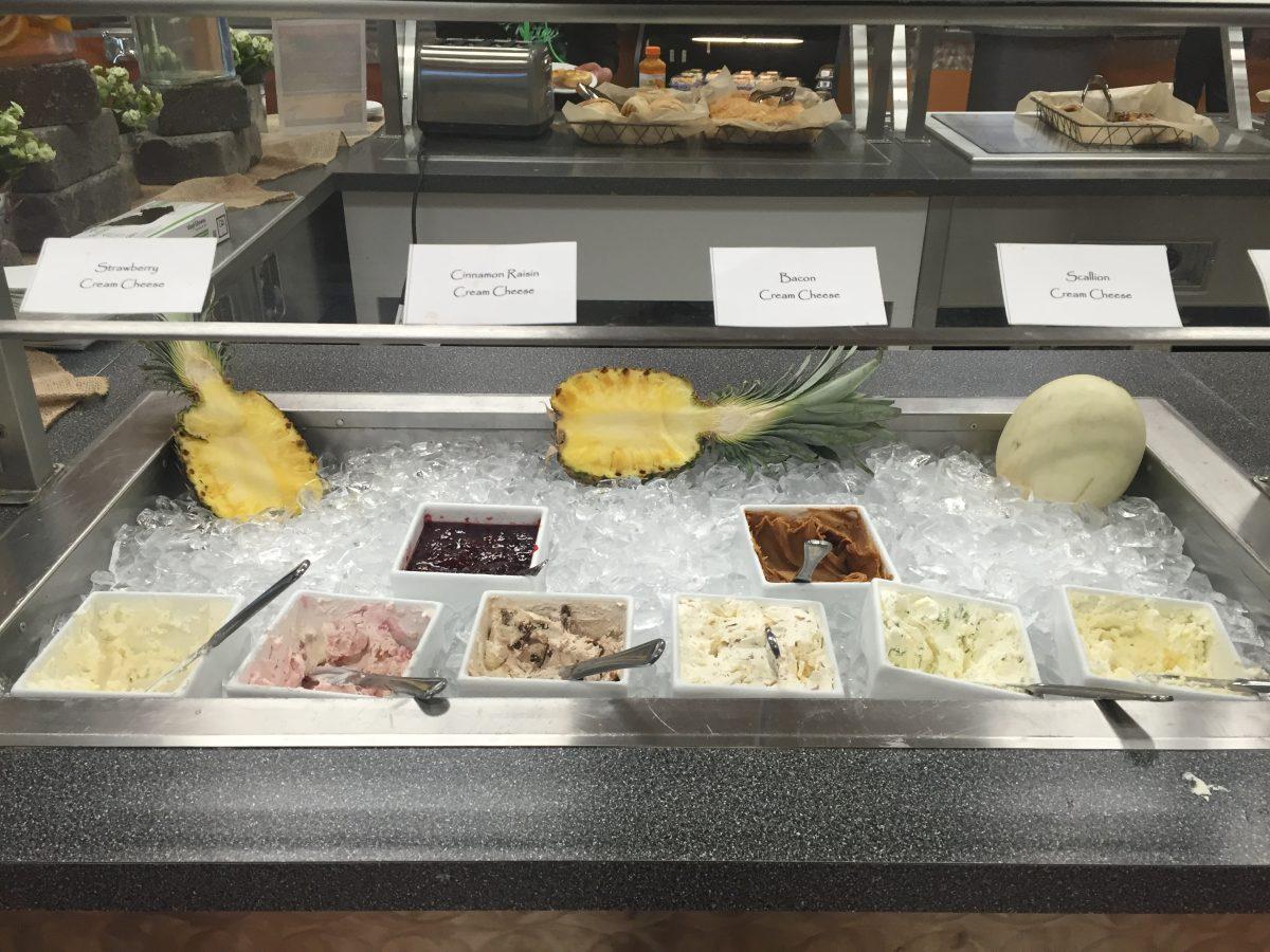 <p>Main dining offers a new bagel bar where students can choose from different cream cheese, peanut butter, and jelly to use as their spread. Turlock, California, Monday, Feb. 29, 2016. (Signal/Haylee Crews)</p>