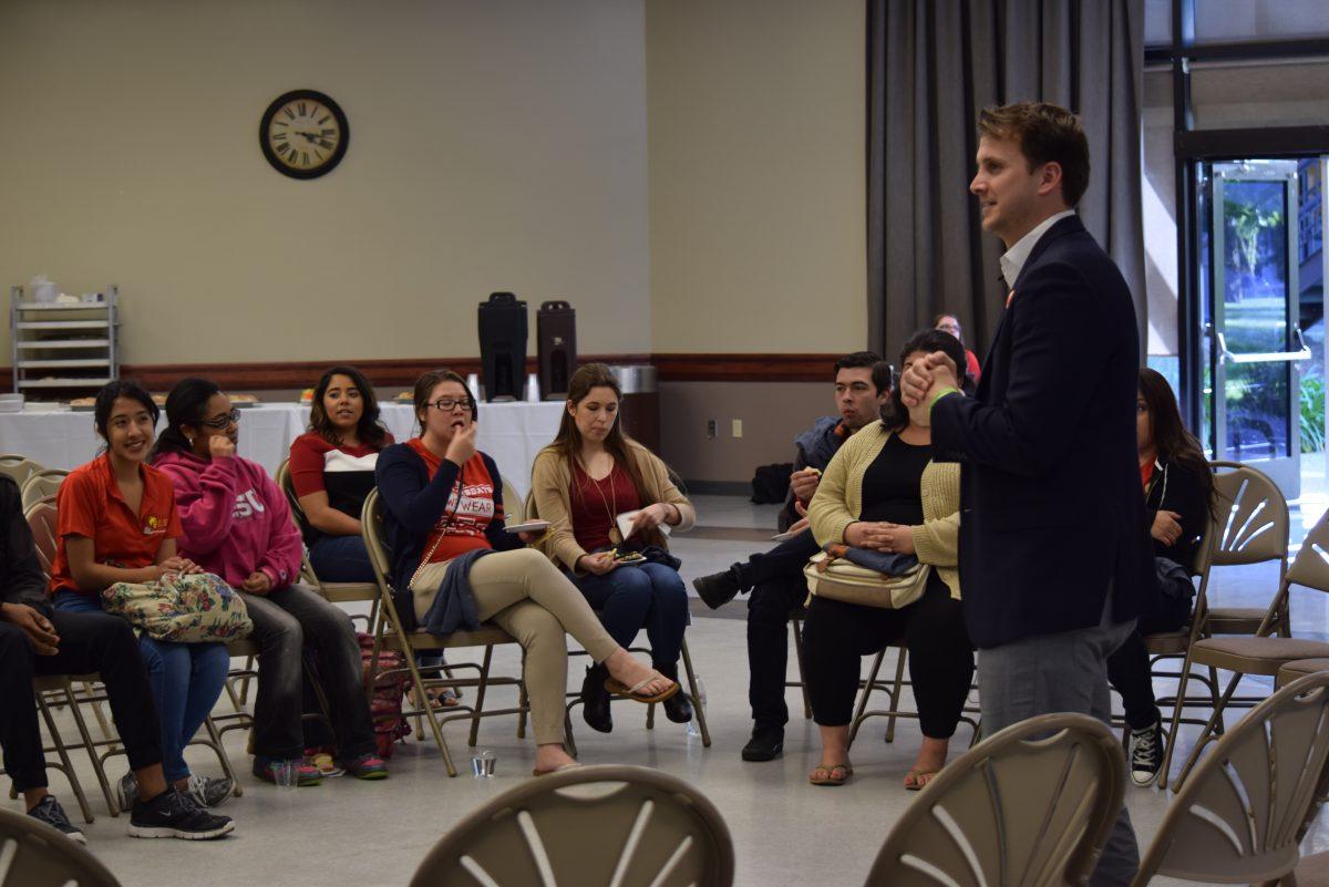 Mayor Gary Soiseth speaks to students in the Event Center on March 23, 2016. (Angelina Martin/Signal)