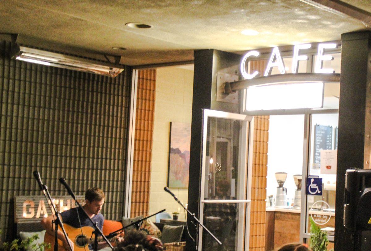 Stan State student Nate Kirk (senior, Communication Studies) showcases his guitar skills outside of Cafe La Mo on Feb. 24. (Isle Perez/Signal)