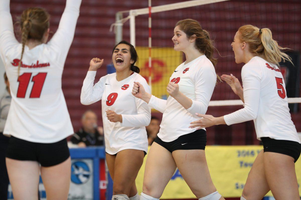 Stanislaus State vs. #2 (S) seed UC San Diego during the CCAA Women's Volleyball Tournament Championship at Coussoulis Arena, California State University, San Bernardino on Thursday, Nov 17, 2016. (CSUSB photo/Corinne McCurdy)