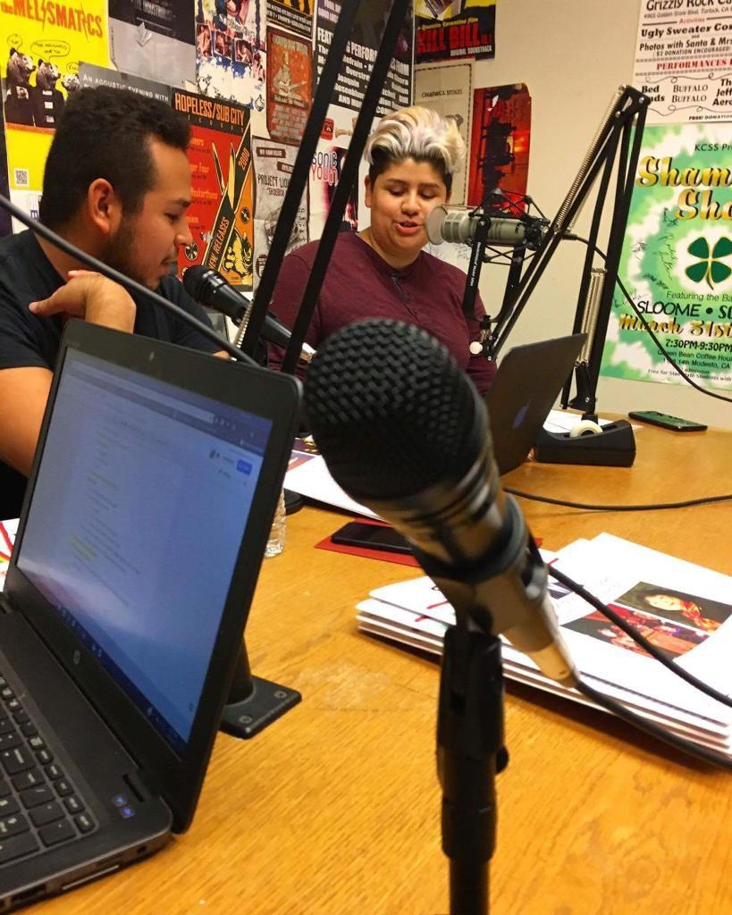 Jes&#250;s Alvarado and Steph Landeros co-hosting their podcast show Stanislaus Queer Cast on Apr. 14, 2017. (Photo Courtesy of Carrie Anne Castillo)