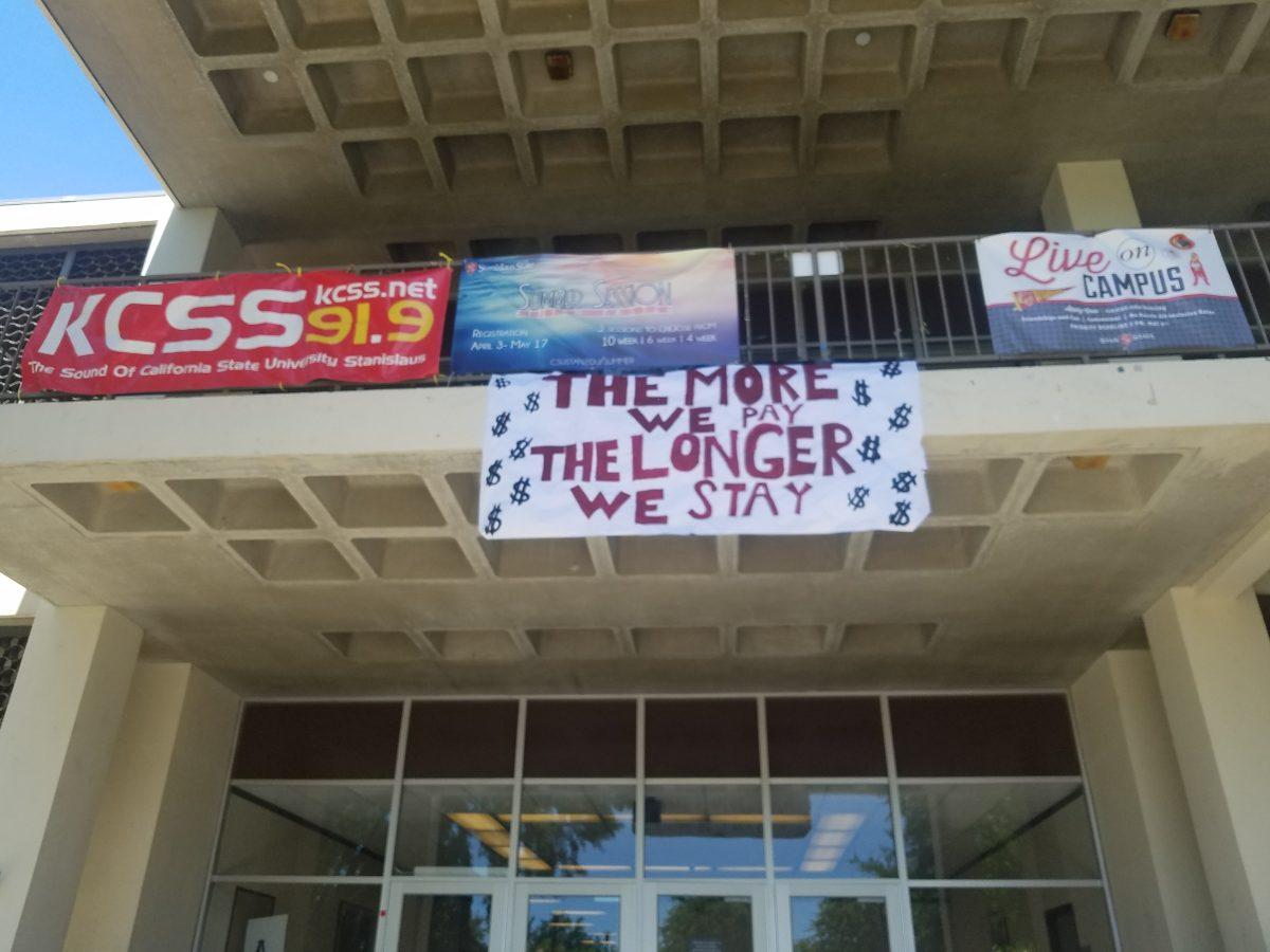 This SQE banner addressing the consequence &#160;of raising tuition hangs on Bizzni Hall. (Signal Photo/Steph Landeros)