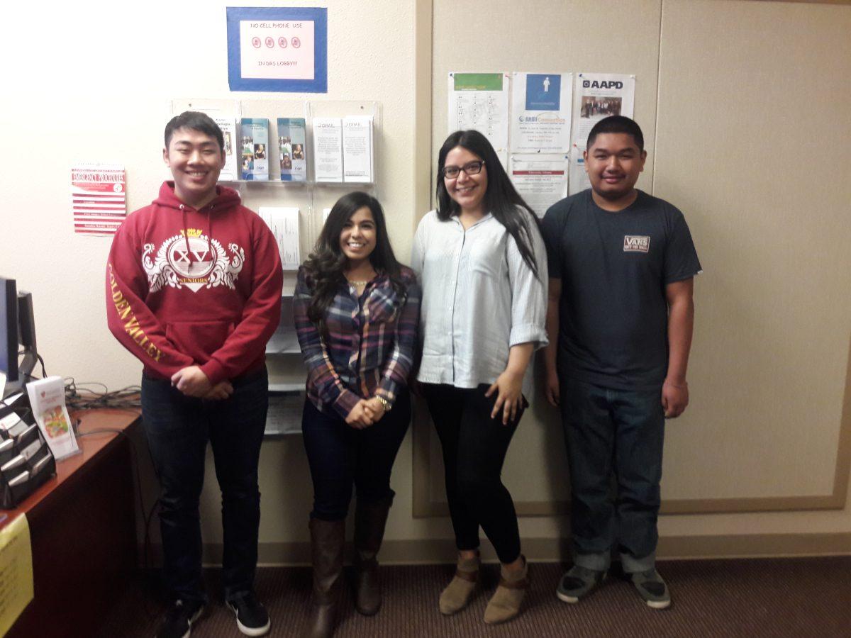 DRS Student Assistants (left to right): Robertson Yang, Daisy Herrera, Cristal Perez and Stacey Mean share their experiences working in the office. (Photo Courtesy of Nicole Dunlap)