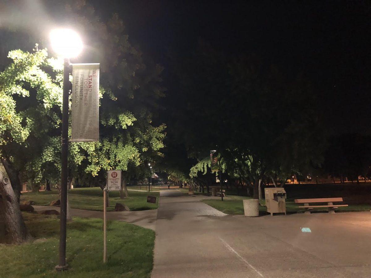 The lights along the pathway next to the library have been replaced with LED lights making it brighter at night. (Signal photo/ Paula Sanchez)