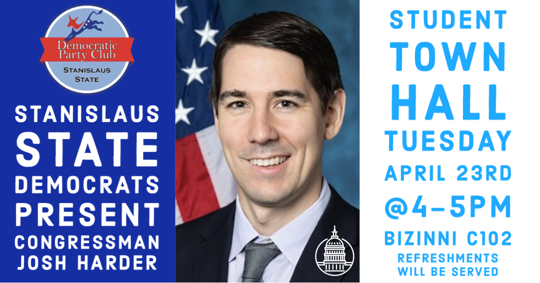 Stan State Democrats Flyer of Josh Harder Event (Photo Credit: Public Domain from House of Representatives; Stan State Democrats left and right flyer)