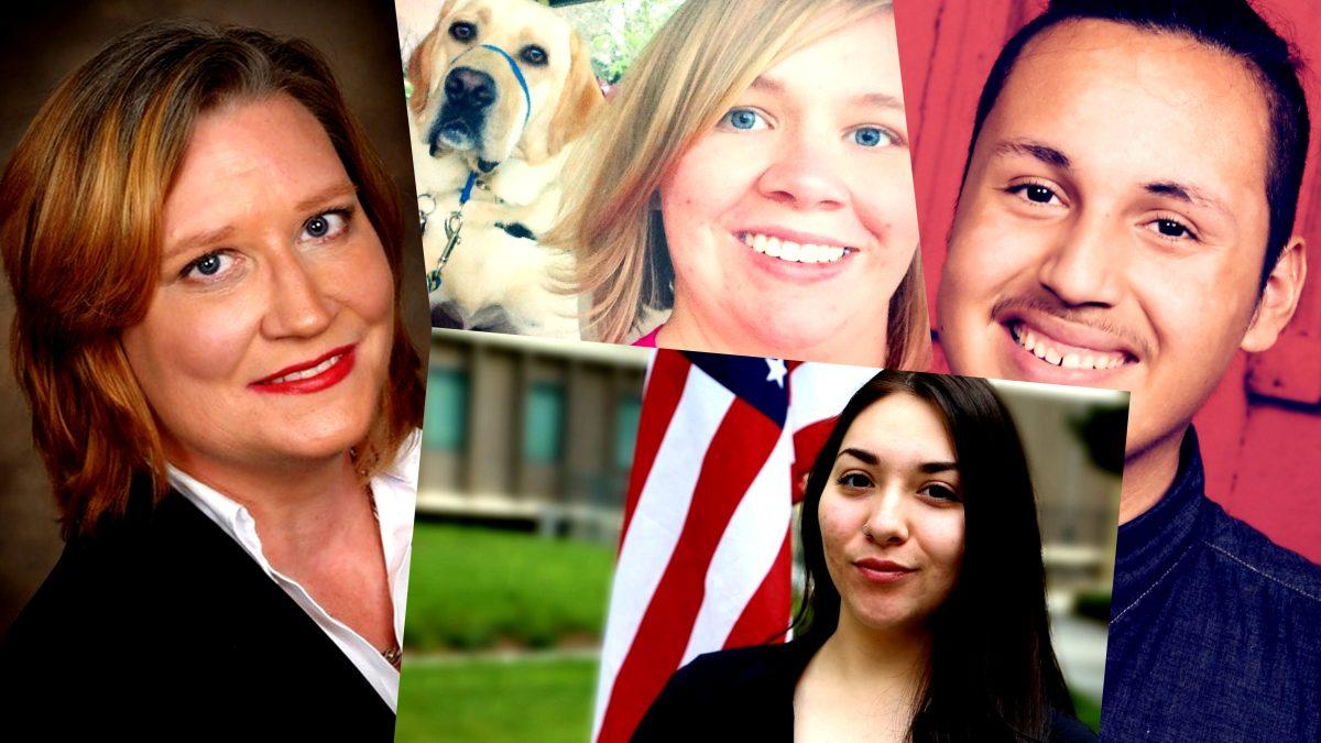 The four Disability Resource Services students in this collage are participating in the upcoming Student Panel this month. The students are Sarah Howze (left), Caitlin Cox with her Service Dog, Fritz (top middle), Olivia Blea (bottom middle) and Gabriel Ferdin (right). (Photo courtesy of Caitlin Cox)&#160;