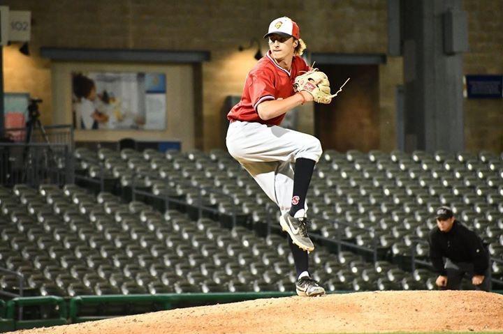 Rylan Tinsley pitching in the 2019 CCAA Playoffs (Photo courtesy of Marco Margiotta)