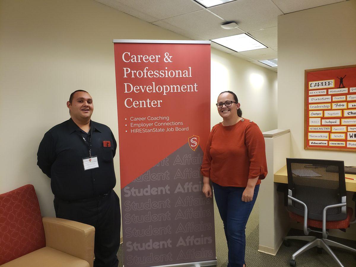 <p><span>Anthony Gonzales, Field Experience Trainee, and Evelyn Ramos with the Career and Professional Development Center</span> provide many useful services to students who are looking to get the most out of their time at Stan State. (Photo courtesy of Essence Saunders) </p>