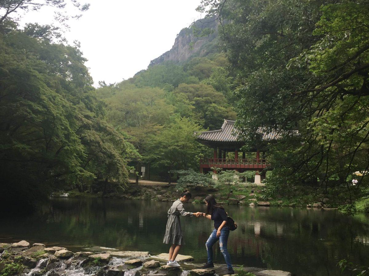 Another exchange student from Malaysia helped me cross a lake near the&#160;Baekyangsa Temple in South Korea. (Photo courtesy of Sarahi Meza-Gutierrez)&#160;