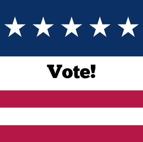 A graphic reading "Vote!" on a white background with a blue banner with five white stars above it, and two red stripes beneath it, imitating the American flag. 