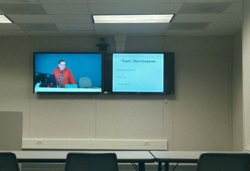 A view form the student desks during a televised course at Stan State's Stockton Campus