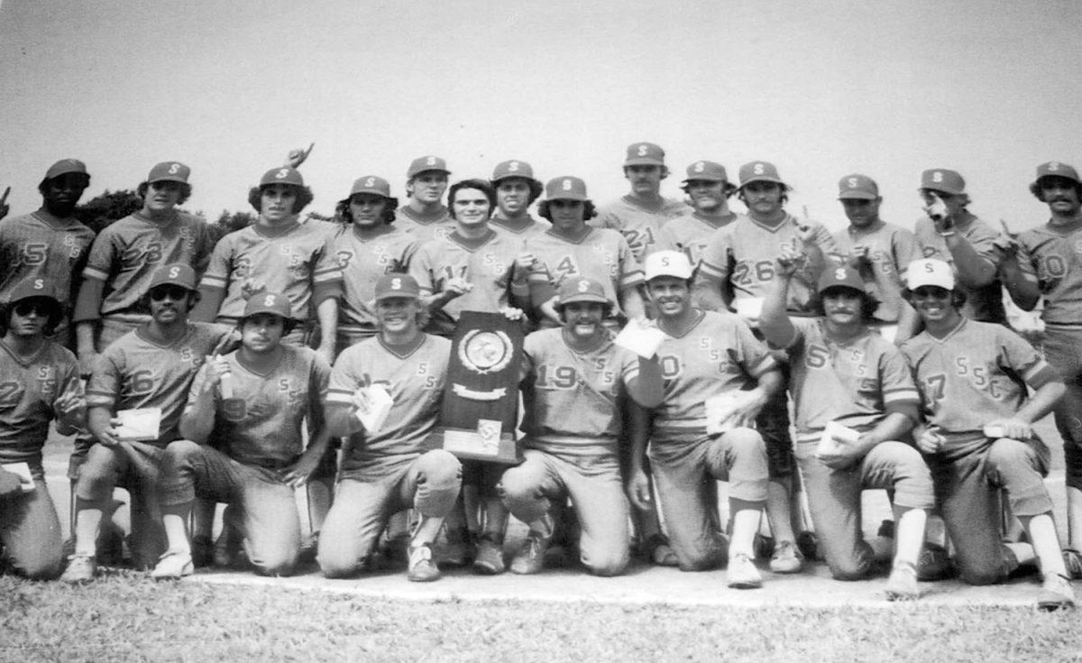 1976 Stan State men's baseball team celebrating their NCAA Division III National Championship victory.