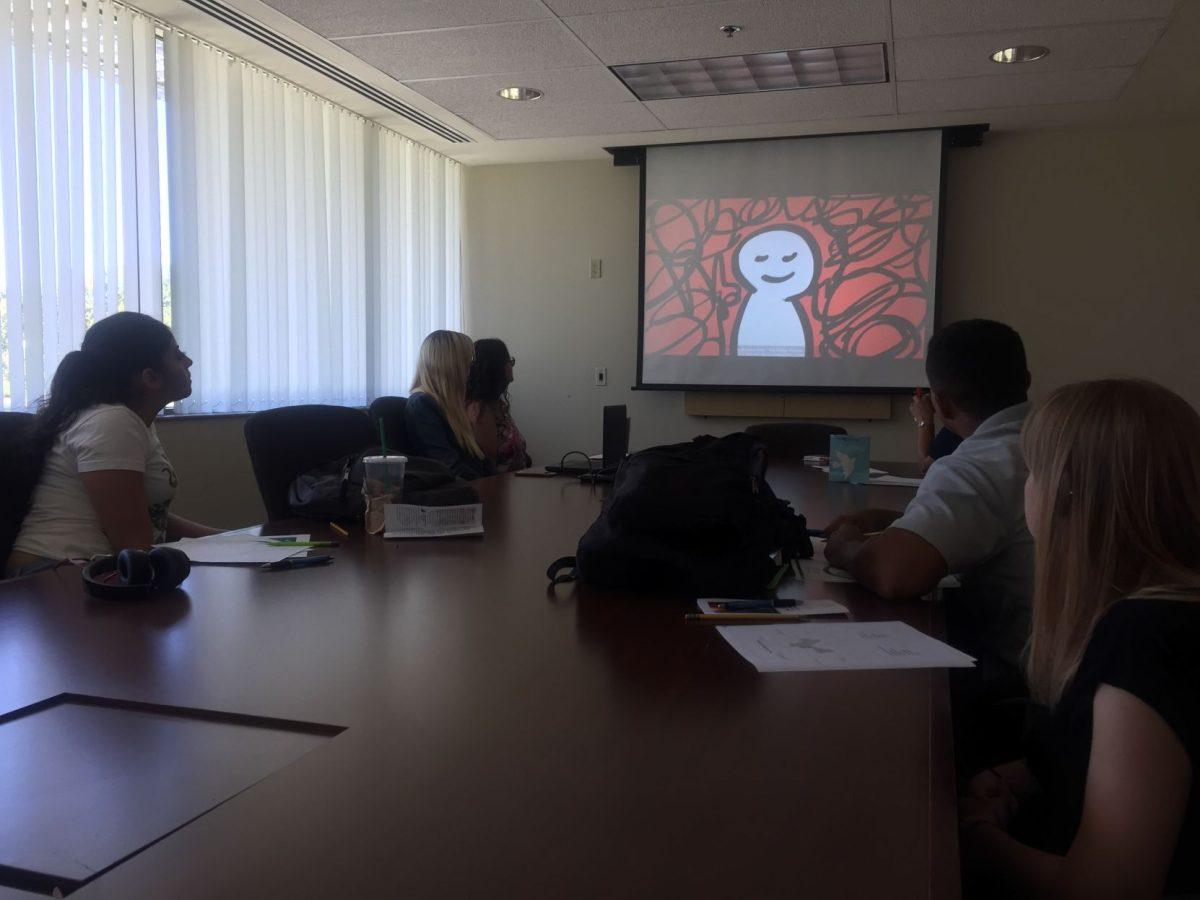 Stan State students are attentive as they watch,&#160;Stress Management Strategies: Ways to Unwind&#160;YouTube video. (Signal Photo/Marisol Ochoa).