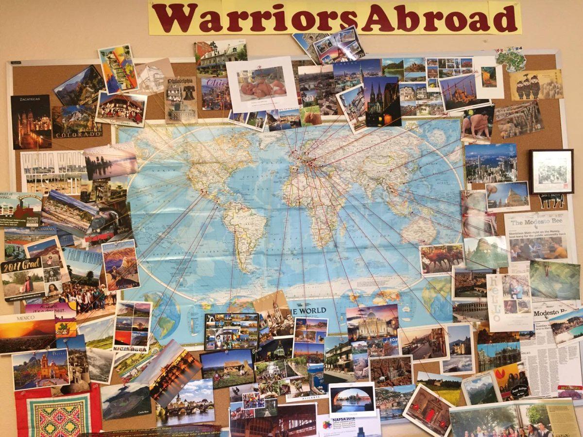 A photo collage of all the different countries Stan State students have studied abroad in, located inside the International Studies Department. (Signal Photo/Gagan Kaur)