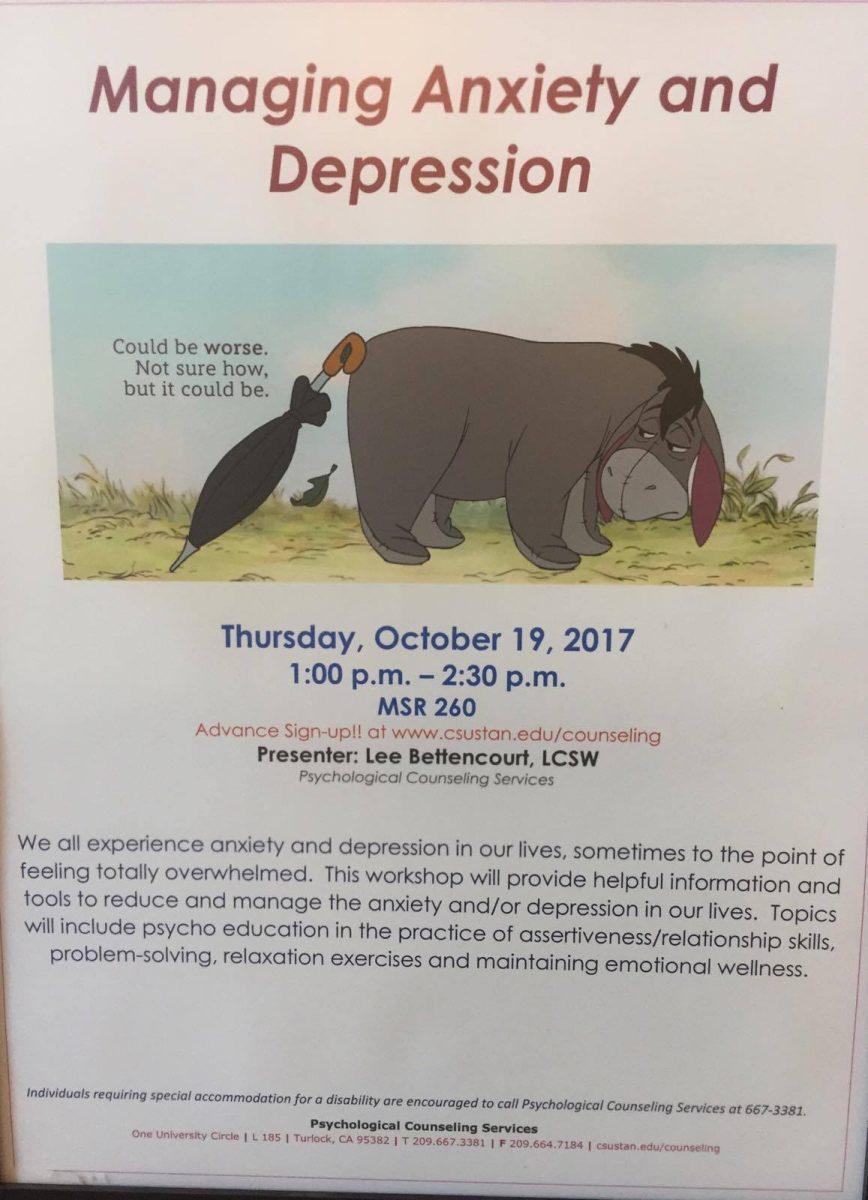 <p>Flyer about the anxiety/depression workshop that will be hosted this Thursday. (Signal photo/Gagan Kaur)</p>