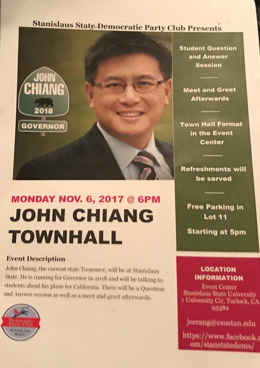 Flyer of the event in which the Democratic Party Club will be hosting Democrat candidate John Chiang. (Signal Photo/Abrianna Munoz)