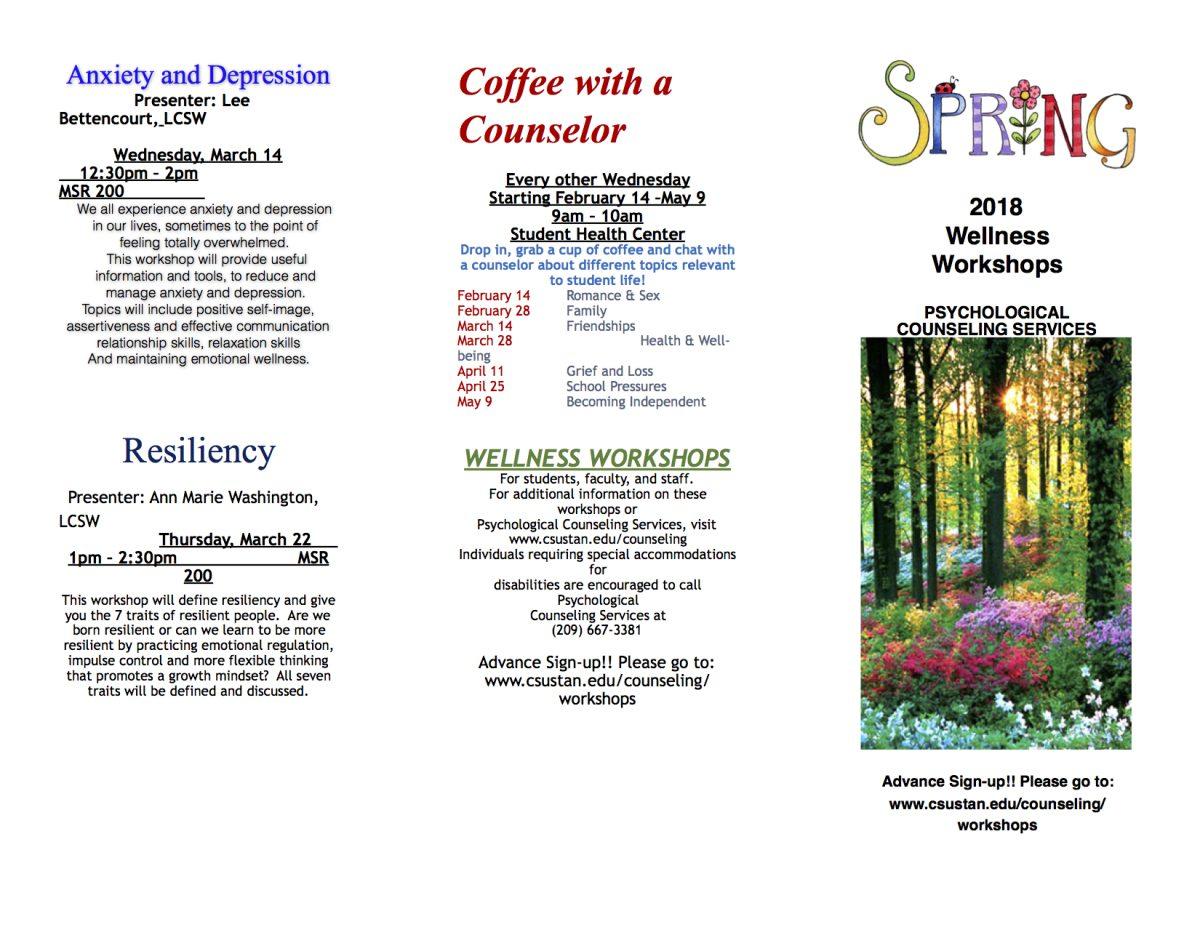 Flyer of the spring wellness events hosted by psychological services.