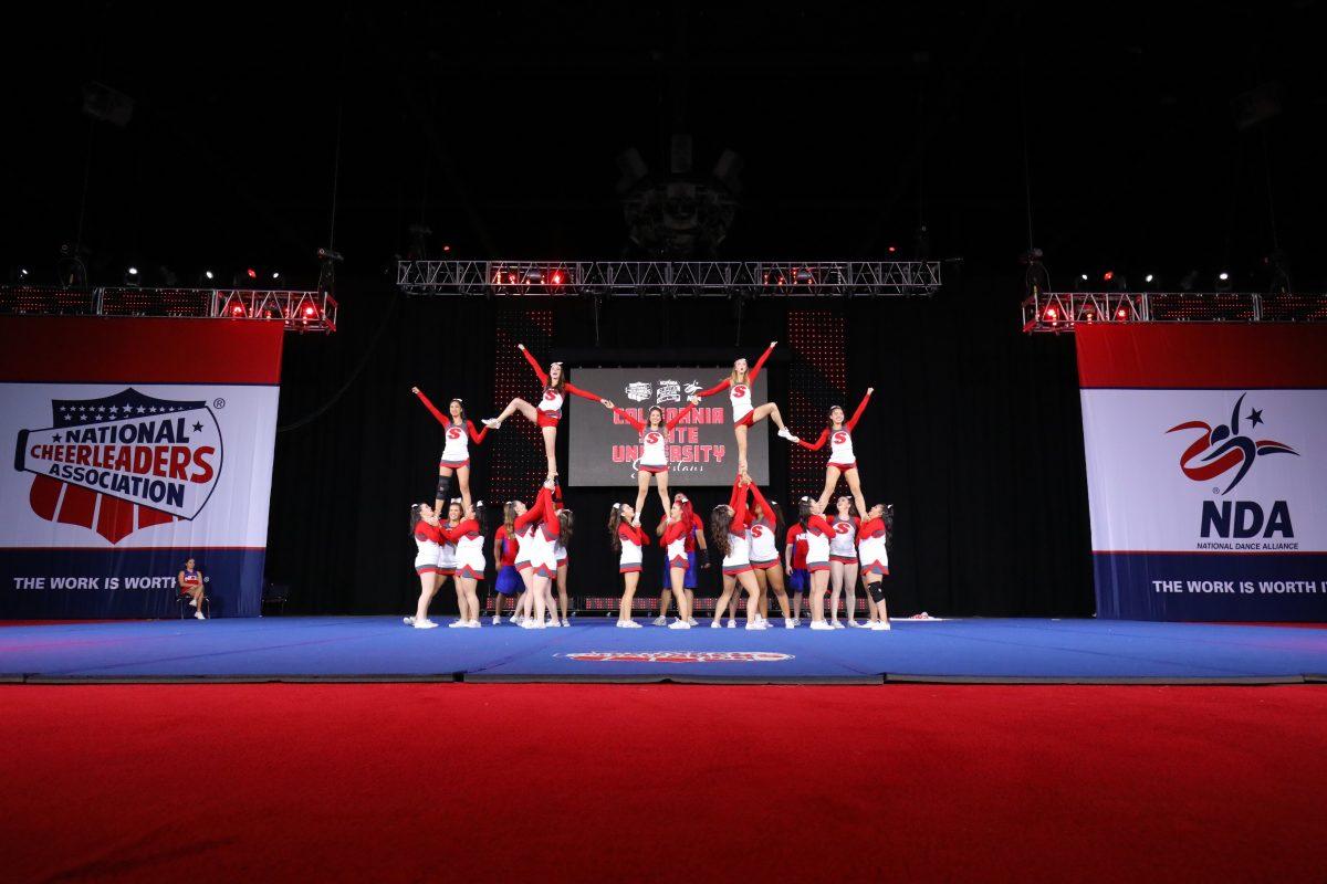 <p>Stan State's cheer team performance at Nationals. (Photo courtesy of Taylor Ybarra)</p>