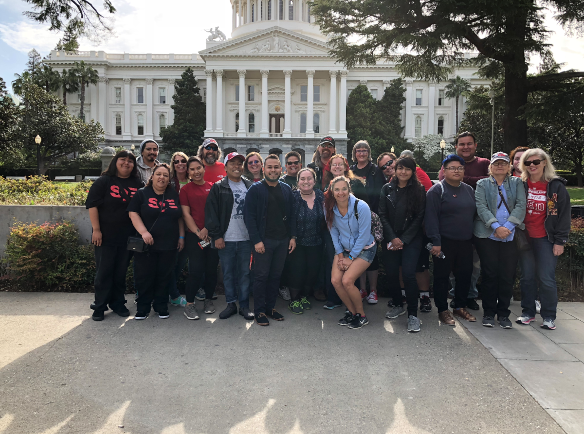 Group photo of Stan State students, faculty and staff who attended the #FreeTheCSU rally in front of the Capitol Building in Sacramento, California. (Signal Photo/Jes&#250;s Alvarado)