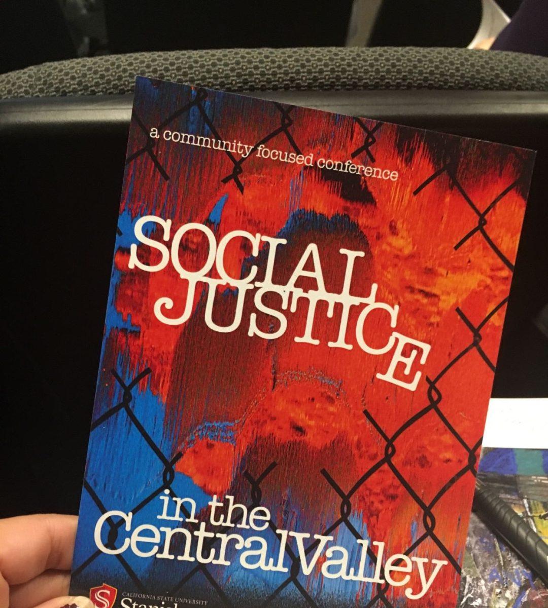 A conference flyer for a previous Stan State Social Justice Conference. (Signal photo/ Mariah Esparza)