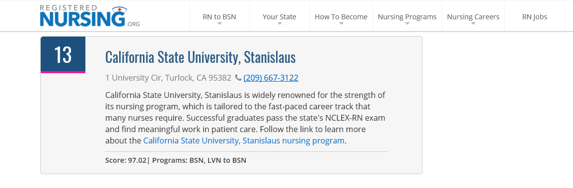 Stan State Nursing Program Ranked 13 of 50