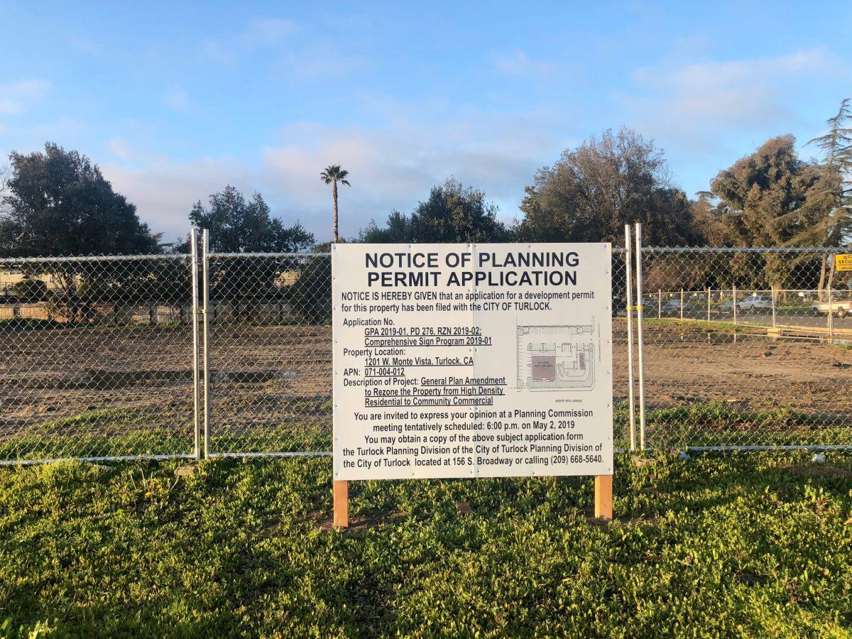 Notice of Planning Permit Application sign on the corner of Monte Vista and Crowell (Signal&#160;Photo/ Danielle Castillo).&#160;