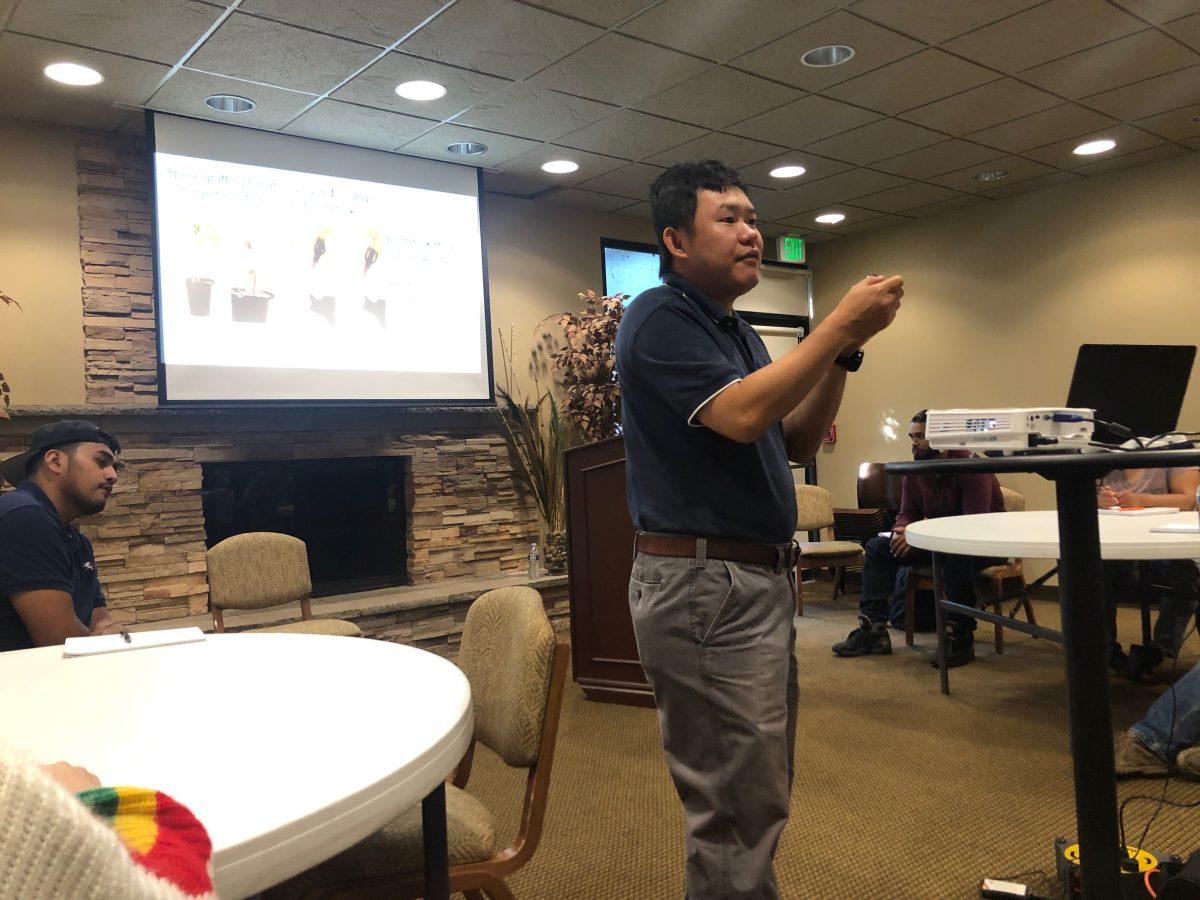 University of California Cooperative Extension Vegetable and Irrigation Advisor Dr. Zheng Wang lecturing to students and faculty (Signal, Aliyah Stoeckl)