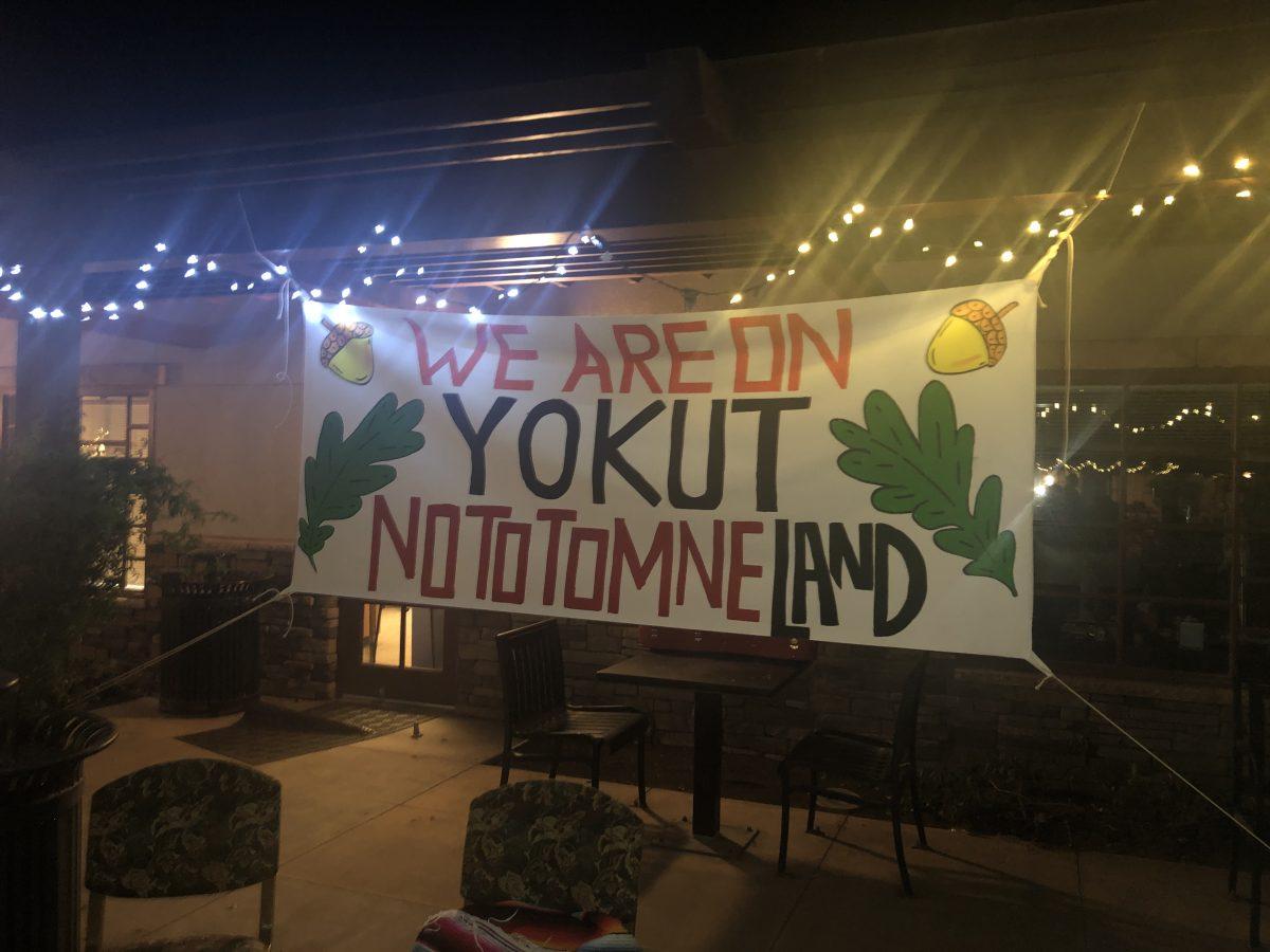 Banner reminding that we are on Yokut land during Indigenous Peoples Days. (Signal Photo/Paula Sanchez). 