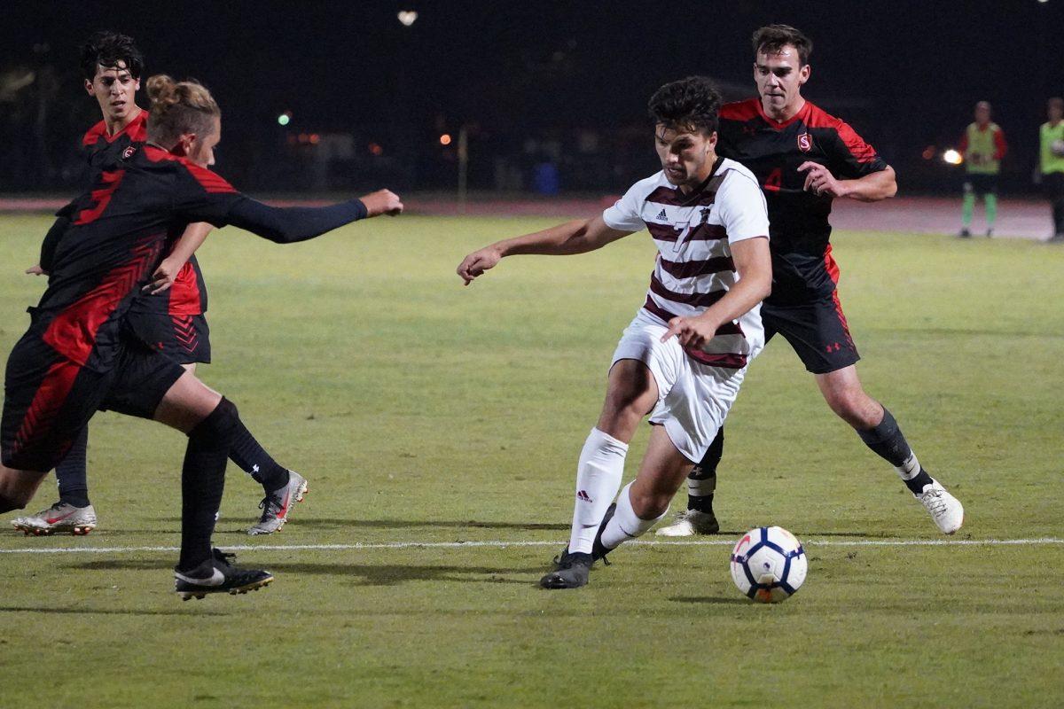 Men's Soccer Team Playing Defensively Against Chico State. (Signal Photo/ Randel Montenegro)