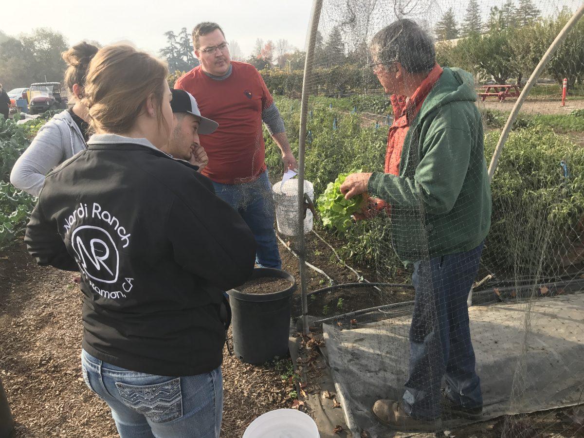 Martin Hildebrandt with Agriculture students at the sustainable garden. (Photo courtesy of Miles Morrison)