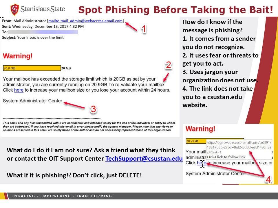 <p>PowerPoint on spotting phishing scams used by Information Security in presentations to employees. Photo courtesy of Nathan Zierfuss-Hubbard, Head of Information Security.</p>