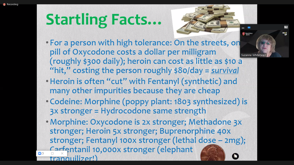 March 19, 2021 Screenshot of Dr. Whitehead and her slide on Opioid addiction facts. Screenshot by Signal reporter, Essence Saunders.&#160;