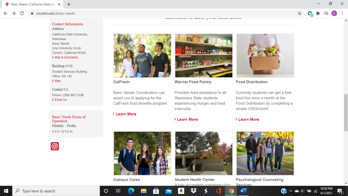 April 1, 2021 screenshot of Basic Needs Services presented on csustan.edu. (Signal Photo/ Essence Saunders)&#160;