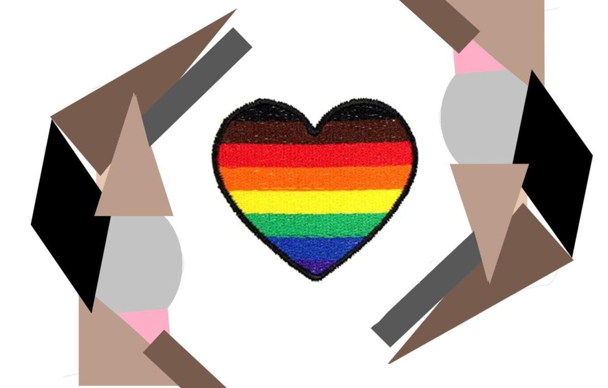 Dos manos sosteniendo un corazón de la comunidad LGBT+. Creado por Yoselin Bustos el Primero de Mayo del 2021.