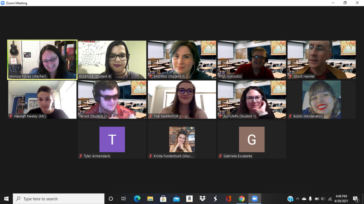 Screenshot of the play&#8217;s cast and the Penumbra staff. In order: top row from left to right: Dr. Monica Flores, Signal reporter Essence Saunders, Andrea Wagner, Raymond Mahnke, Dr. Jesse Wolfe, Middle Row: Hannah Neeley, Jarred White, Brittany Groves, Autumn Anderson, Signal editor Bobbi Solano, and Bottom Row: Tyler Armendariz, Krista Funderburk, and Gabriela Escalante. Screenshot taken by Essence Saunders.