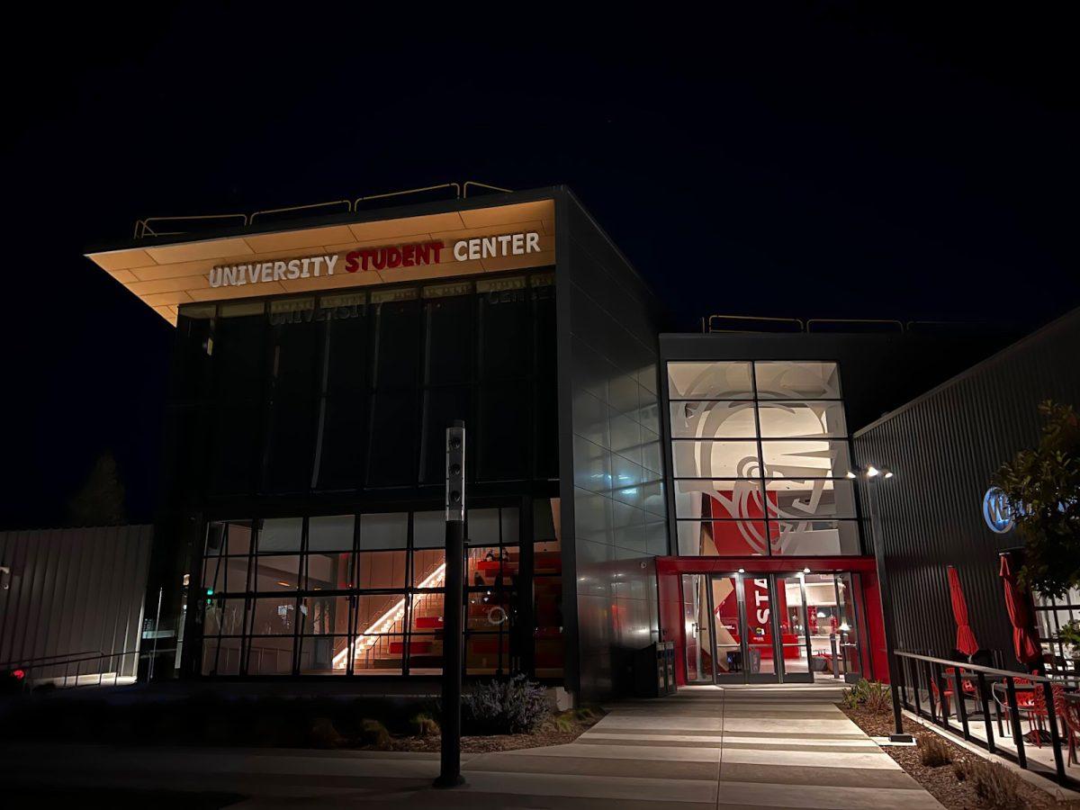 The University Student Center dims its lighting to complete its transformation for Stan State Cinema. (Photo courtesy of Mark Coggins)