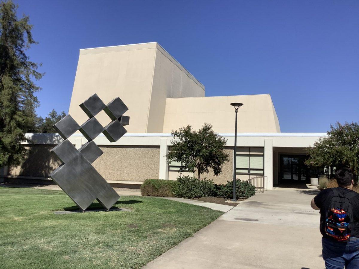 A sculpture at the entrance to the art and theater departments at Stan State. STEAM education includes an emphasis on the arts. (Photo by JC Aguirre)