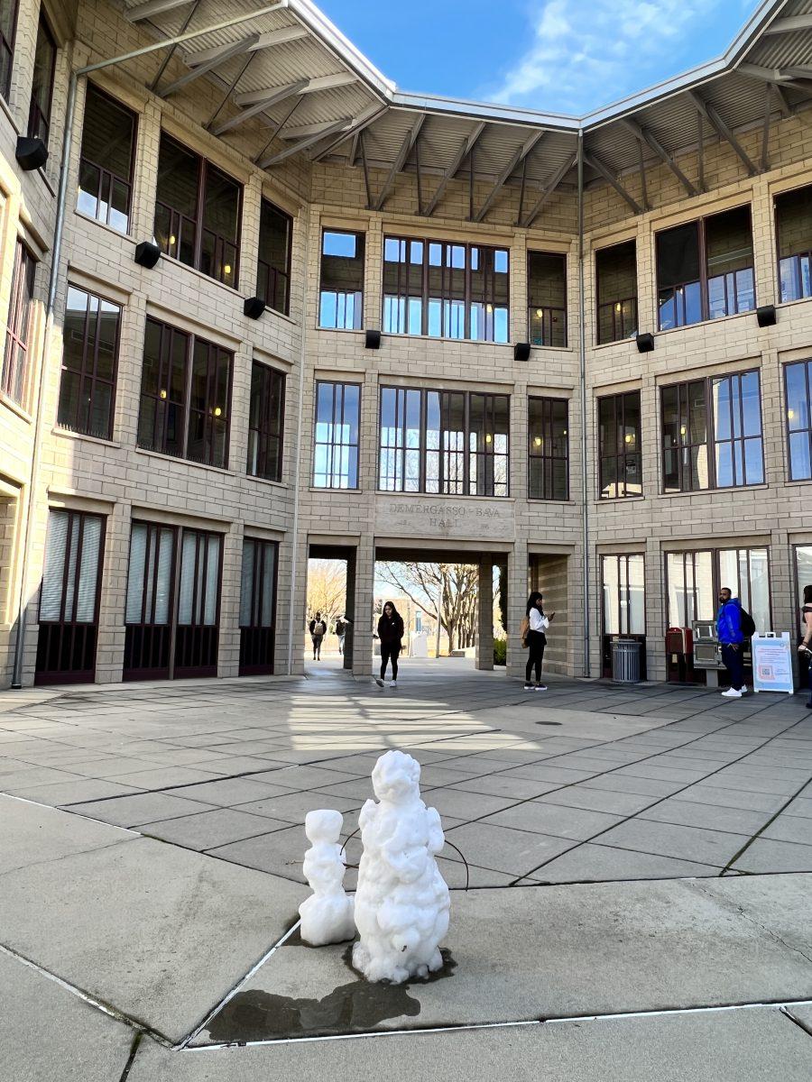 Two snowmen built by student Christian Loyola (senior, Business) last week at DBH.  