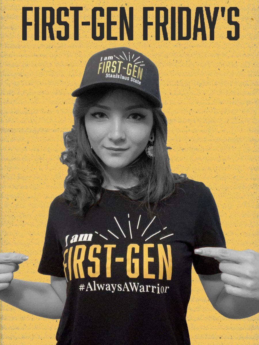 A student in First-Gen Fridays swag (Photo credit of and edited by Kristina Solomita)