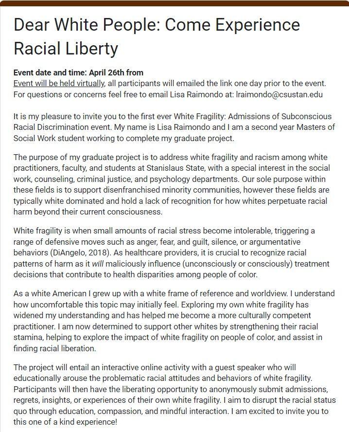 White Fragility: Admissions of Subconscious Racial Discrimination Zoom event invitation (Photo Courtesy of Lisa Raimondo)