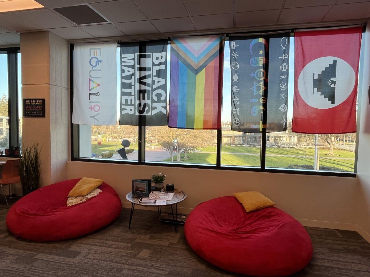 Flags hanging in WCCC (located in L-203) to celebrate diversity and intersectionality, represent support for the LGBTQ+ community and other marginalized groups on campus. 