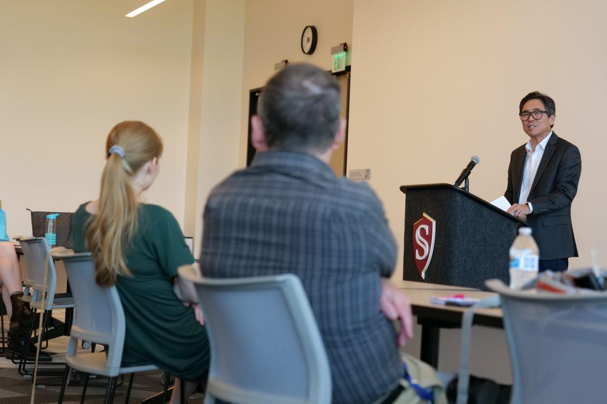 California Poet Laureate and Stan State alumni, Lee Herrick, speaks to guests during a visit to campus April 25.&#160;