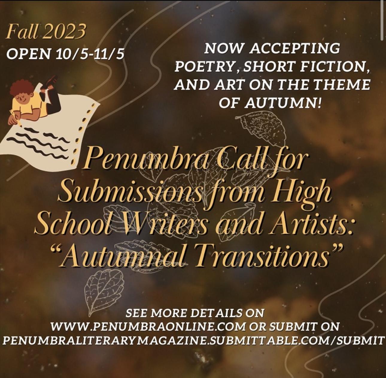 Penumbra Calls for Youth to Submit Poetry, Fiction, and Art for their Fall Edition