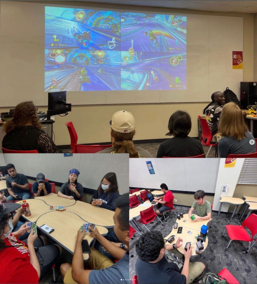Different types of games being played, such as Mario Kart, Uno, and Magic: The Gathering, during an in-person meeting for Gaming Club. (Photo Courtesy of @stanstategaming on Instagram)