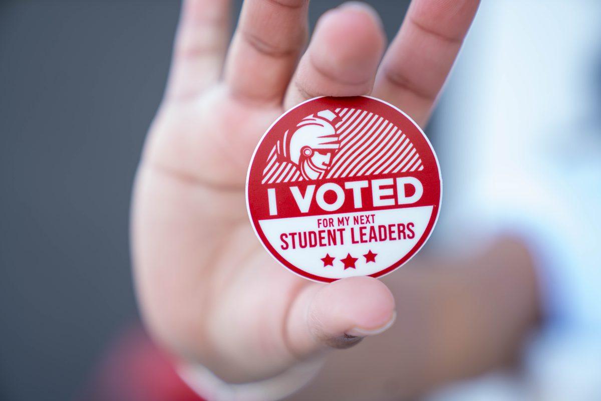 An ASI I Voted sticker which is given to students if they vote in-person in Room 102 of the Vasche Library. (Signal Photo/Brian Miske)