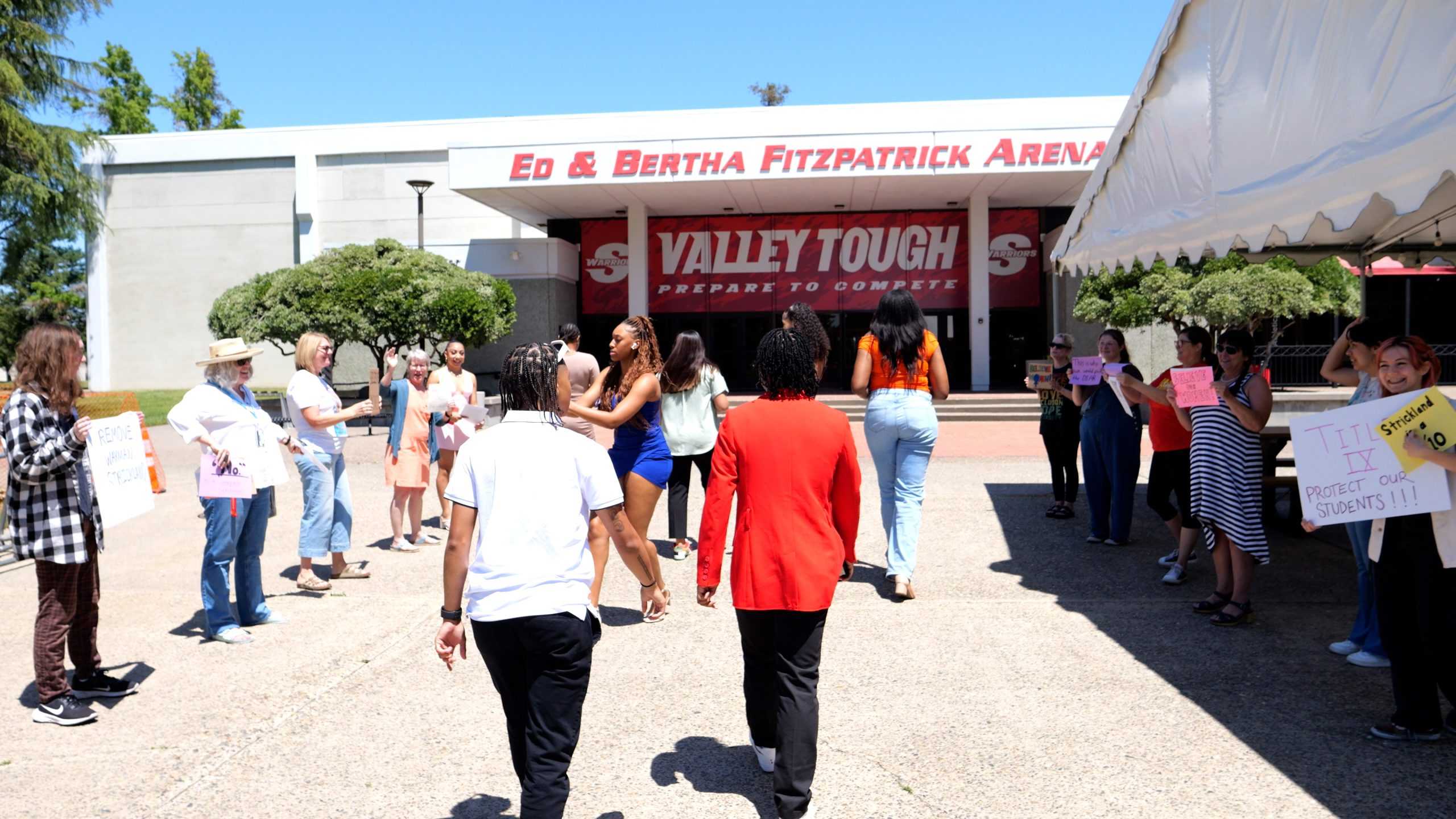 Protestors Rally In Support of Women's Basketball Team Outside Stan State's Athletic Awards