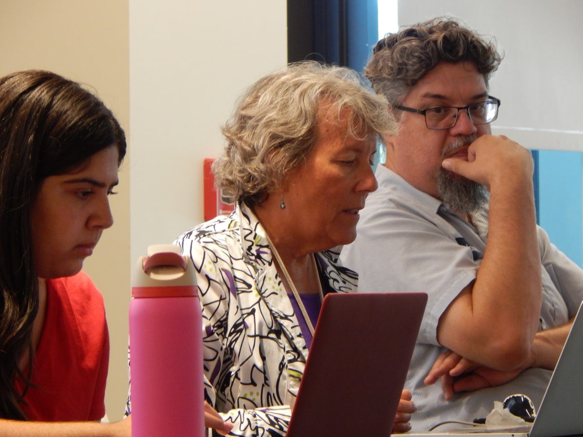 Senator Koni Stone (center) gives a detailed presentation on the standing rules of the Academic Senate.